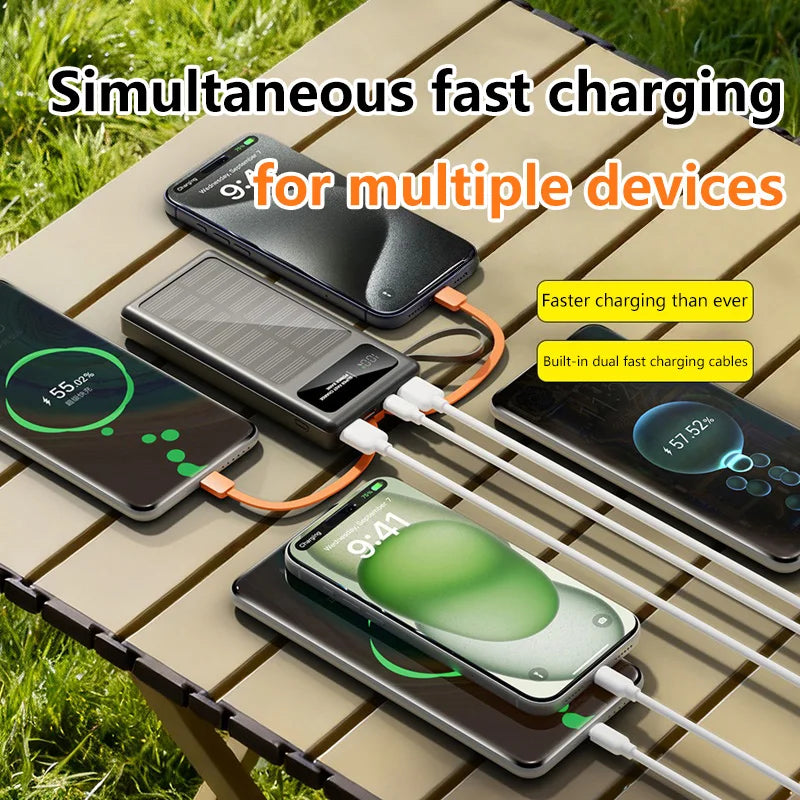 200000mAh Solar Power Bank Built 2 in1 Cable 120W Fast Charging Solar Phone Charger Portable Digital Display External Battery