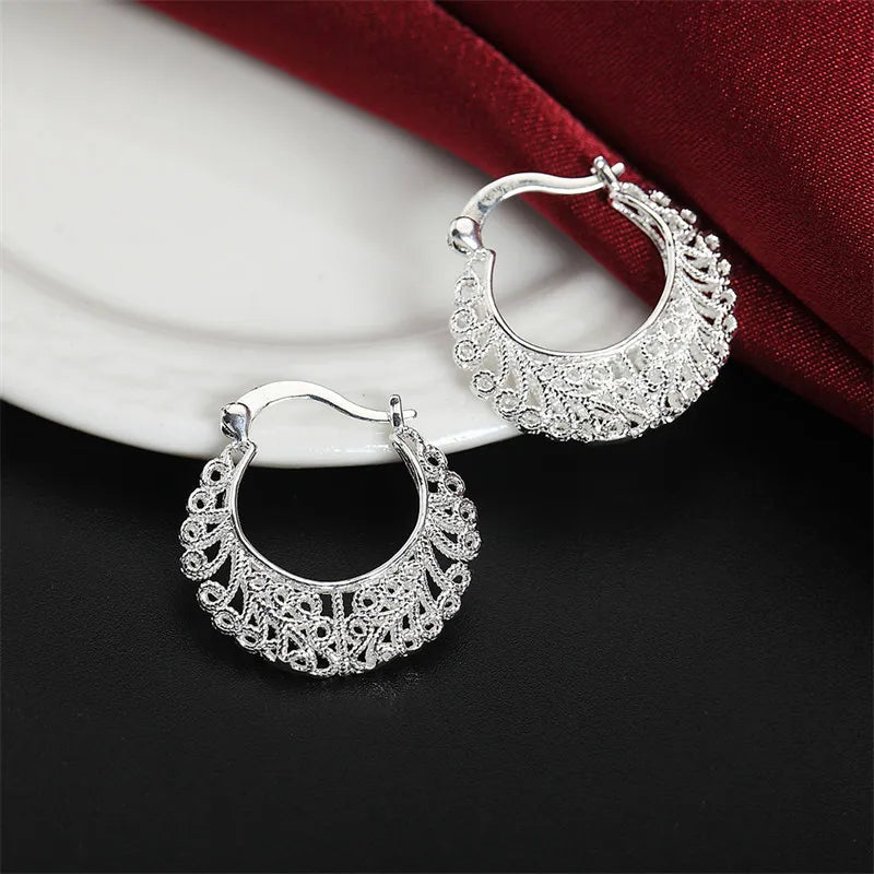 Elegant 925 Sterling Silver Hollow Round Earrings Fashion Women Charm Gift Jewelry