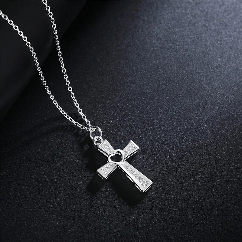 925 Sterling Silver Crystal Cross Pendant Necklace for Women, Charms, Classic, High Quality, Wedding Party Jewelry, Holiday Gift