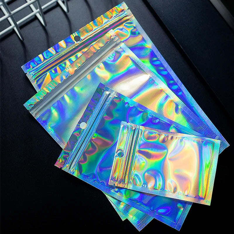 100pcs Holographic Bag Laser Rainbow Pattern Self Sealing Bag Candy Bag Front Window Sample Jewelry Packaging Plastic Pouch
