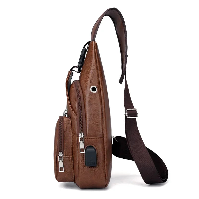 In stock men's chest bag with headphone jack USB shoulder strap