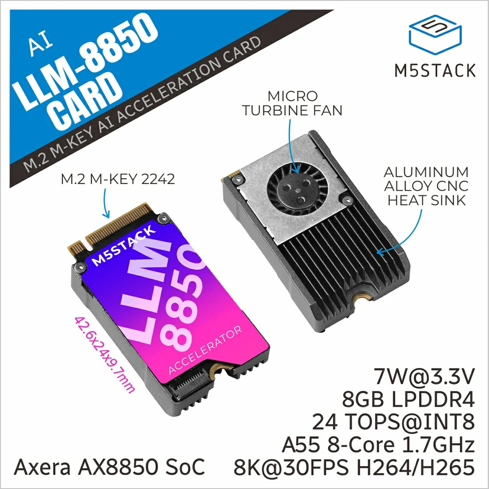 M5Stack Official AI-8850 LLM Accleration M.2 Module (AX8850)