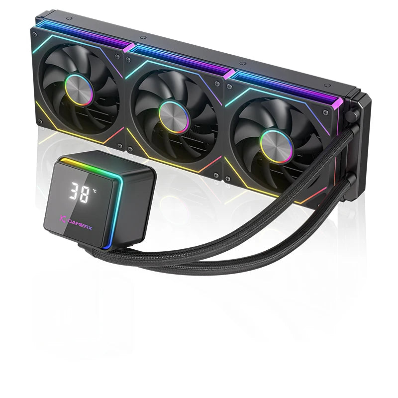 X-GAMERX PowerTrain M360 water cooler 360mm Global ARGB light effect 360° magnetic cover digital display screen aio cpu cooler