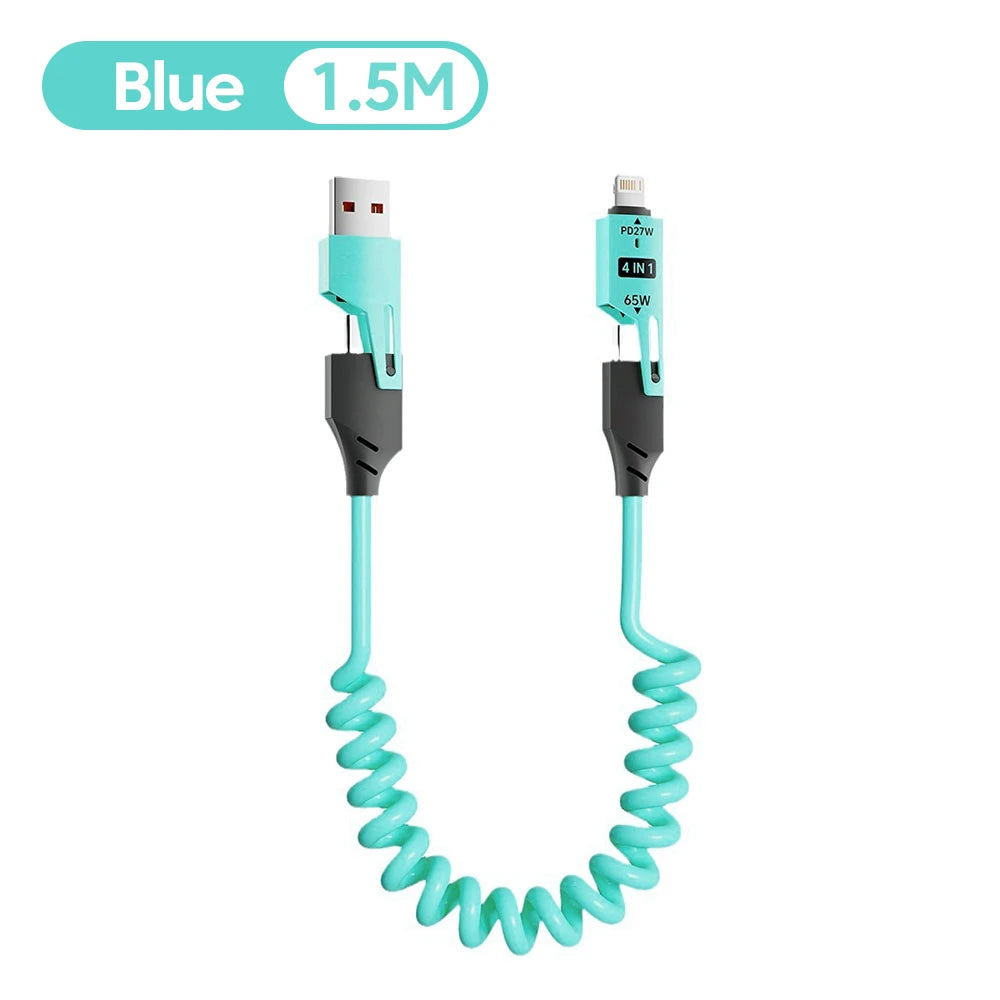 4-in-1 Telescopic Spring Cable 65W 6A USB C to Type C Quick Charger Data Cord for iPhone 15 16 14 13 X Fast Charging USB C Cable