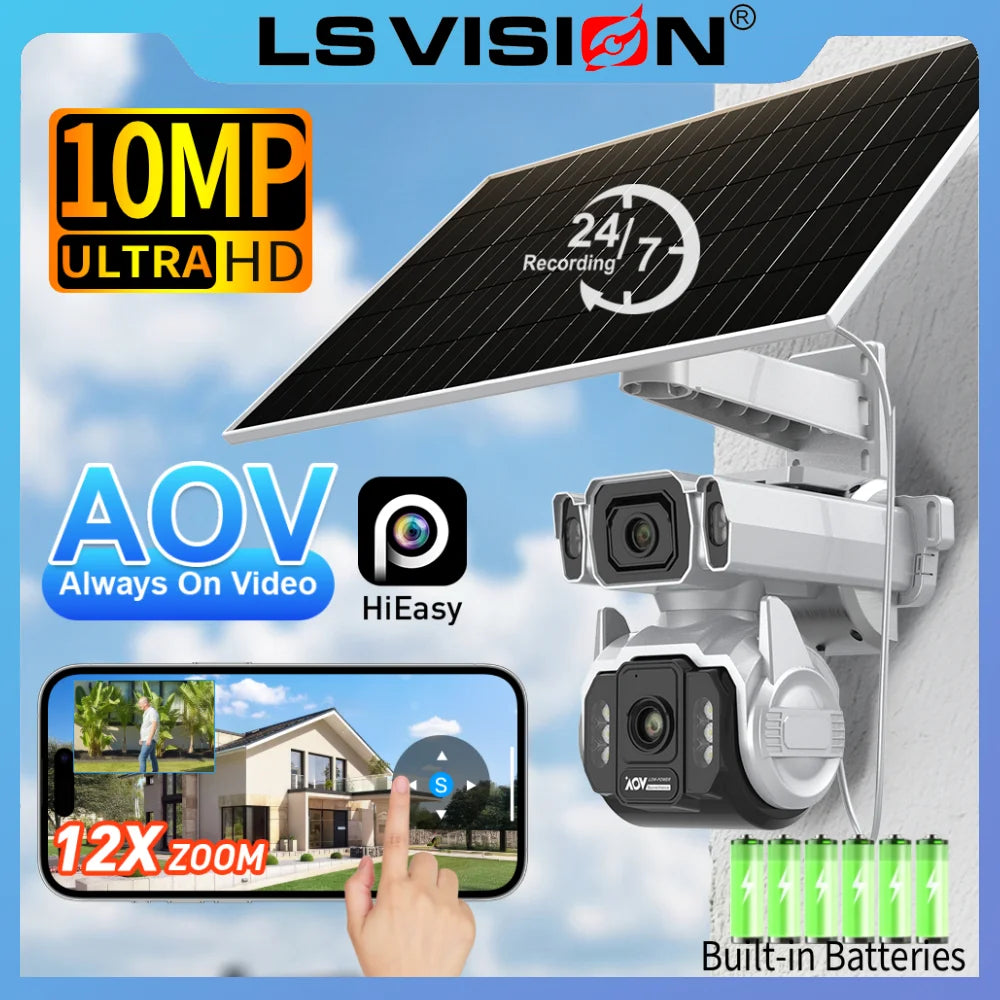 LS VISION Dual Screens 10MP AOV Solar Camera Outdoor 12X Zoom 24/7 Recording 4G SIM Auto Tracking Zoom PTZ Security Cameras CCTV