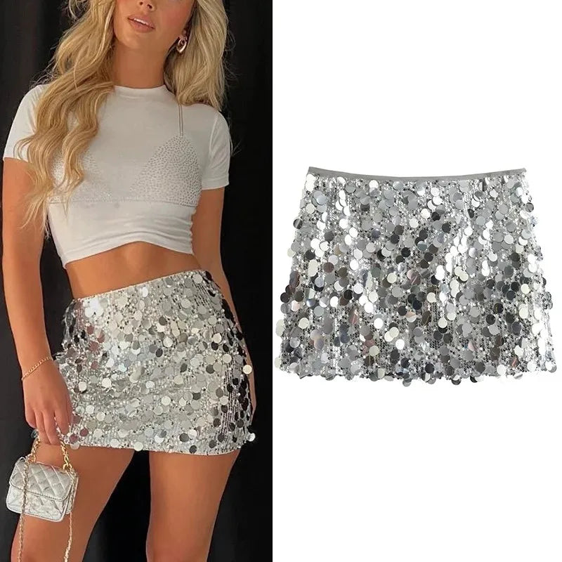 Silver Sequin Skirt Woman High Waist Mini Skirt Woman Fashion Shiny Glitter Elegant Short Skirts For Women Y2k Skirts