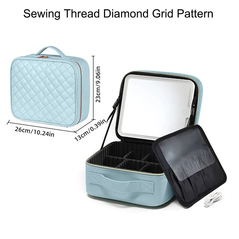 Makeup Organizer Case With Mirror Light 3 Adjustable Brightness Travel Train Cosmetic Toolbox Tattoo Tool Women Makeup Bag Case