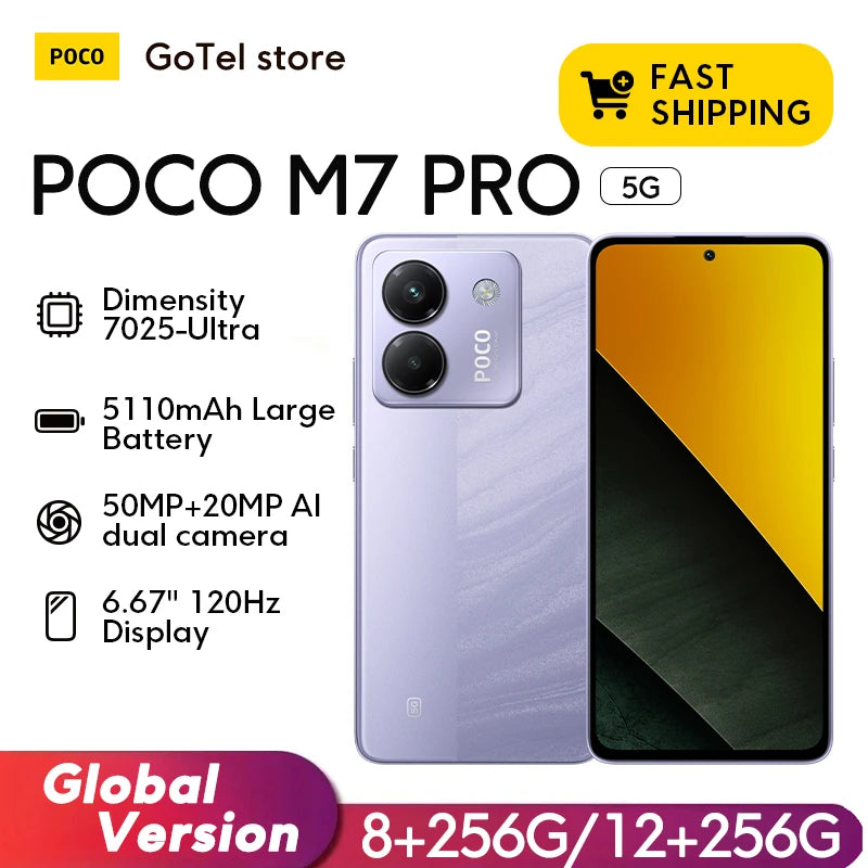 【Brand+】Newest POCO M7 Pro 5G Global Version Dimensity 7025-Ultra 120Hz FHD+ Eye-care AMOLED Display 5110mAh Battery NFC