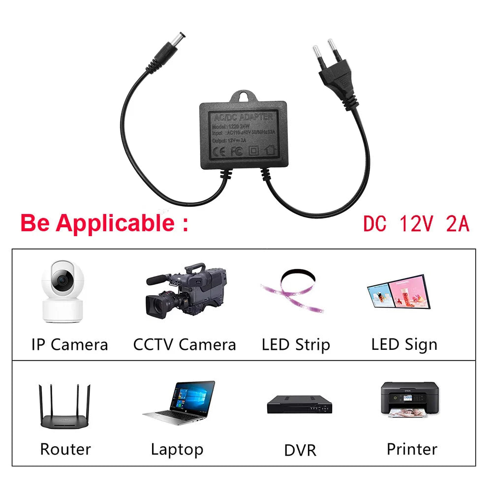 Power Adapter DC12V 2A EU Plug Outdoor Waterproof For CCTV Security Surveillance Camera Charger NVR DVR Router Input AC110V-240V