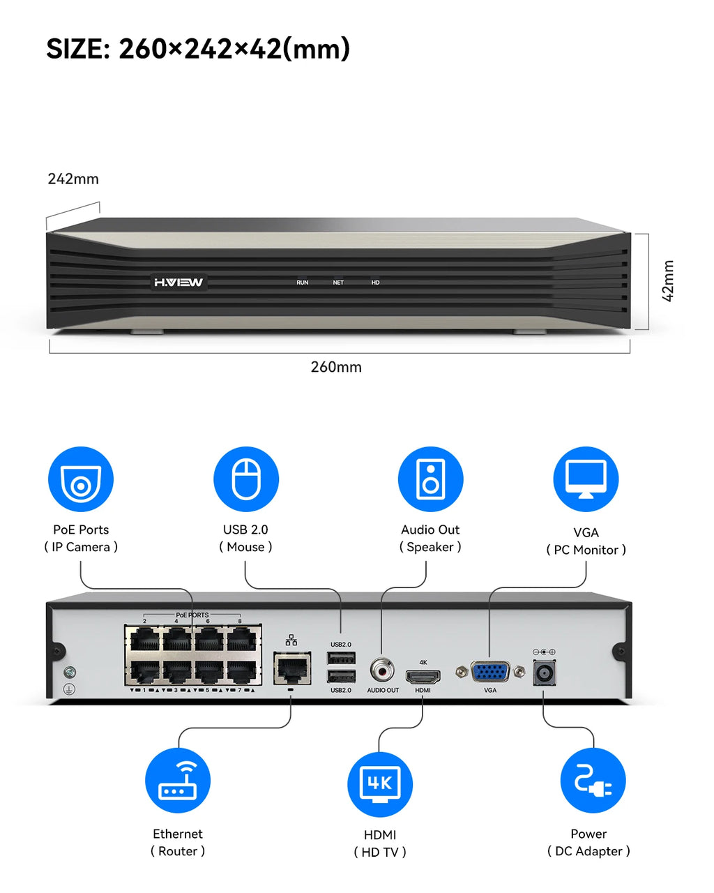 H.View 4K 8Ch Poe Nvr Cctv Security System H.265 Video Audio Recorder 8Mp Network Surveillance For Poe Ip Camera Onvif