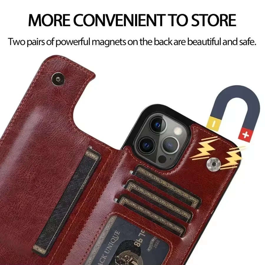 Luxury PU Leather Wallet Case For iPhone 16 15 14 13 12 11 Pro Max SE X XR XS Max 8 7 Plus Kickstand Card Holder Slots Cover