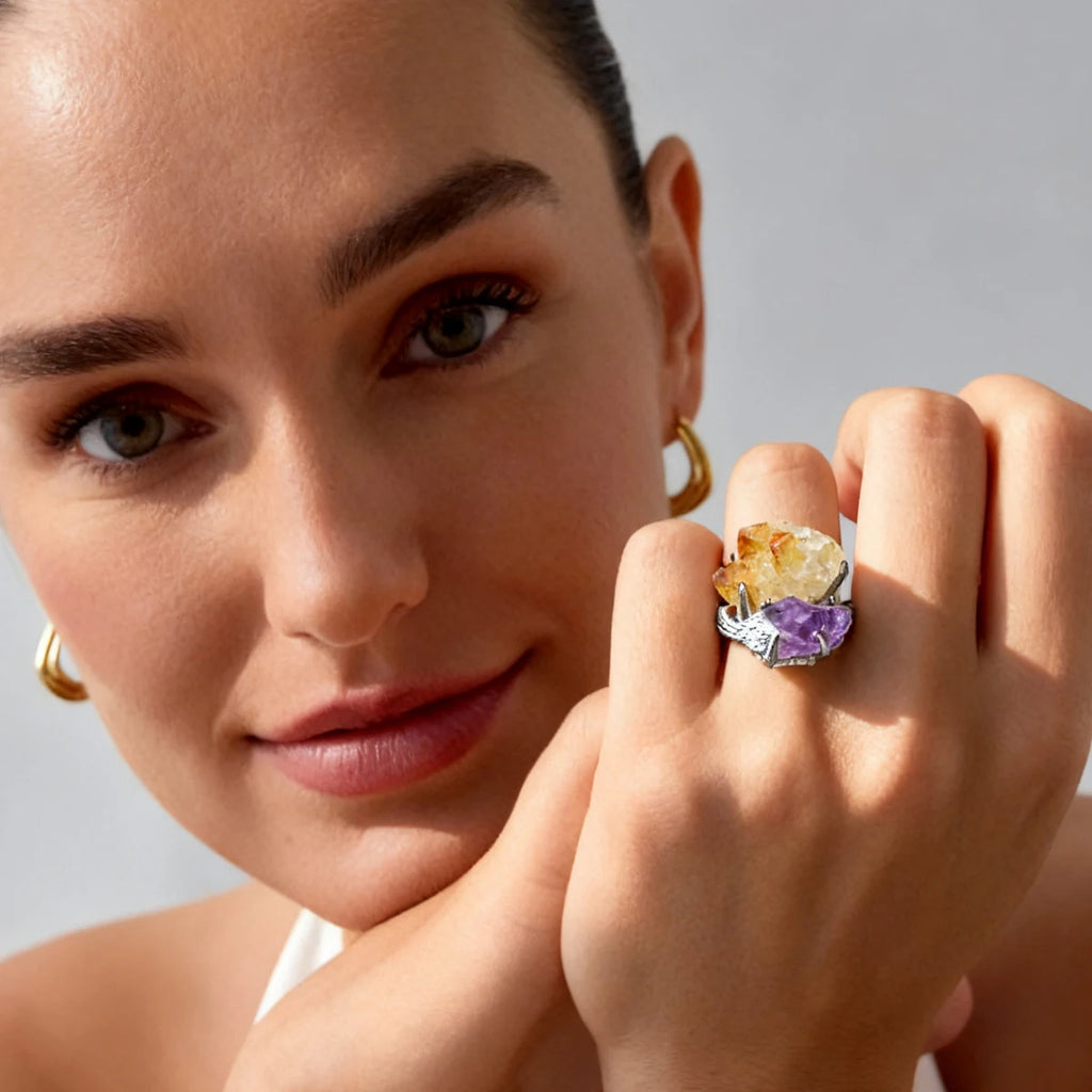 Natural Gemstone Ring Unisex Ring Unique  Crystal Fashion Jewelry Adjustable  Unisex Party Gift Ring Raw Stone Jewelry