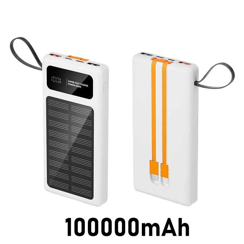 200000mAh Solar Power Bank Built 2 in1 Cable 120W Fast Charging Portable Solar Phone Charger Digital Display External Battery