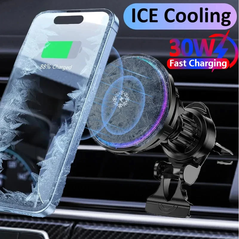 30W Ice Cooling Magnetic Wireless Car Charger Fast Charging Station for iPhone15 14 13 12 Pro Max MacSafe Car Phone Holder Stand