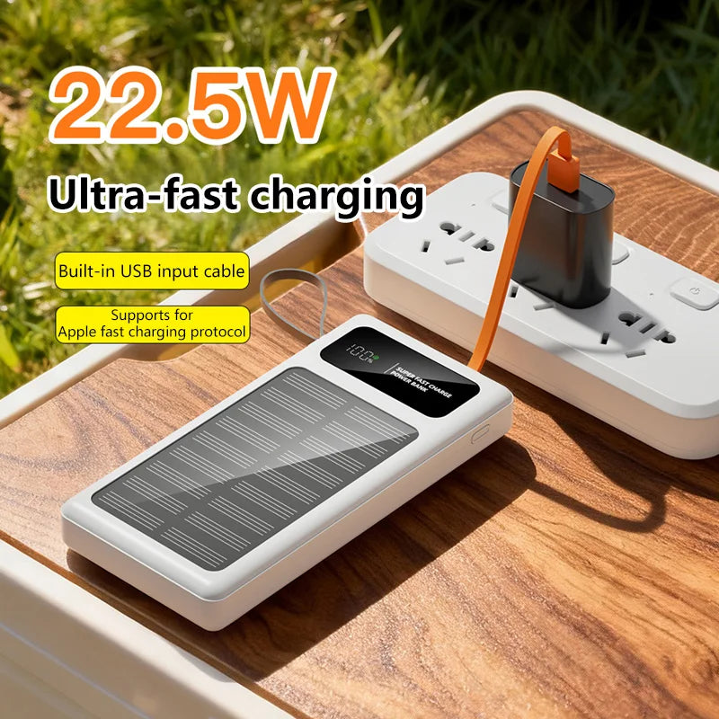 200000mAh Solar Power Bank Built 2 in1 Cable 120W Fast Charging Portable Solar Phone Charger Digital Display External Battery