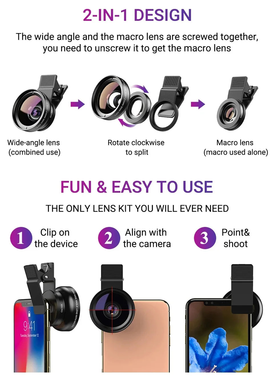 2 In 1 Clip-on Fish Eye Magnifiers Mobile Phone Lens Professional Mobile Phone Camera Lenses 15X Macro 0.45X Super Wide Angle
