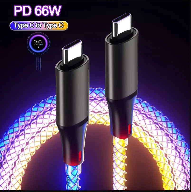 RGB 66W 6A Fast Charging USB to C &  TYPE C TO C  Cable Colorful Streamer Glowing Line