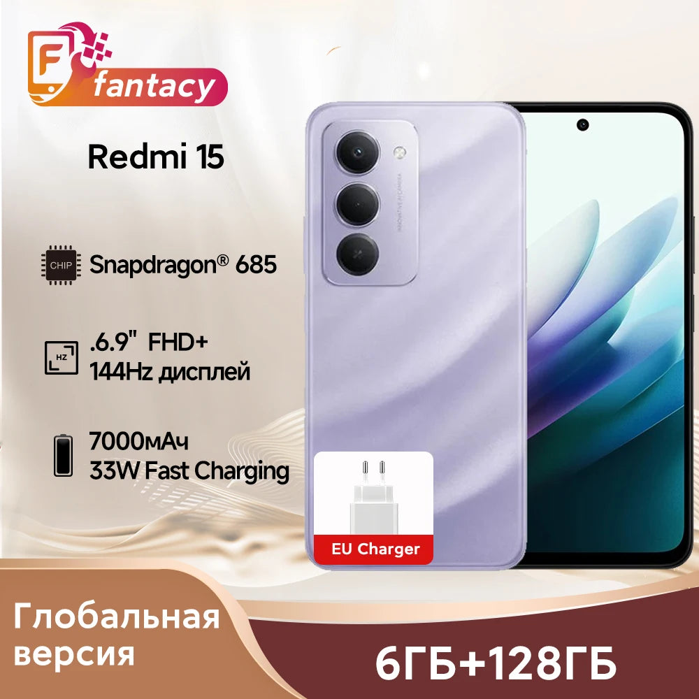 Redmi 15 Global Version Smartphone 50MP 6.9" Up to 144Hz Snapdragon 685 Mobile Platform 33W Fast Charging 7000mAh Battery IP64
