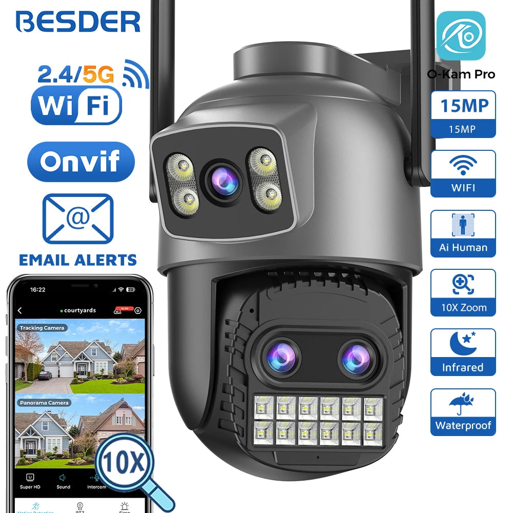 BESDER 15MP Wifi Camera Outdoor Dual Screen 10X Digital Zoom CCTV Video Surveillance Cam PTZ 8MP Security IP Camera O-Kam Pro