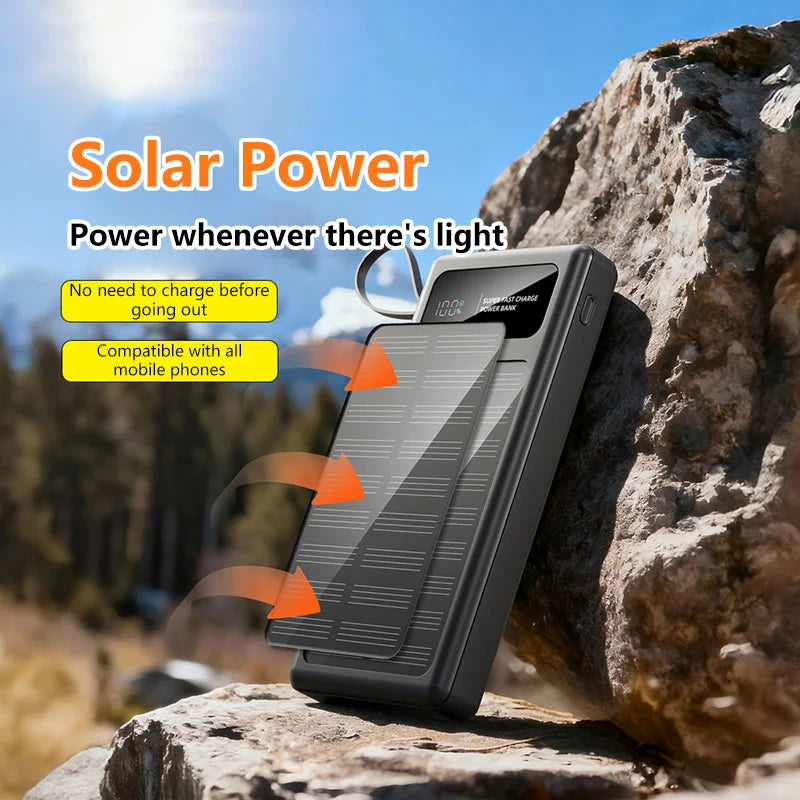 200000mAh Solar Power Bank Built 2 in1 Cable 120W Fast Charging Portable Solar Phone Charger Digital Display External Battery