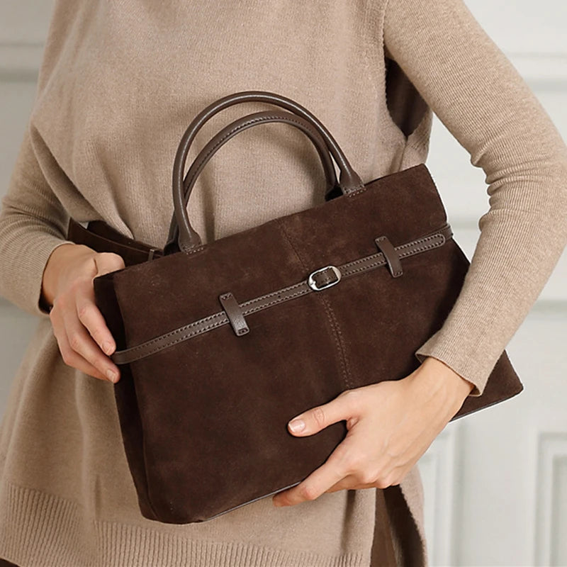 Burminsa Suede Cowhide Genuine Leather Tote Handbags For Women 2025 Luxury Designer Matte Work Ladies Shoulder Crossbody Bags