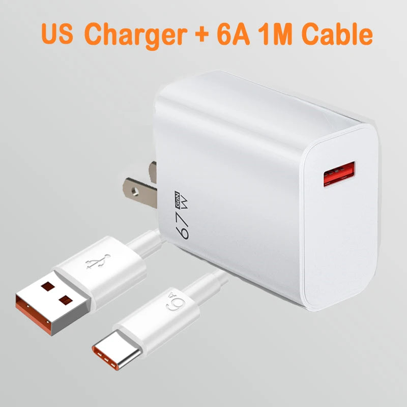 GaN USB Fast Charger Quick Charge 3.0 for Xiaomi 14 13 12 11 10 Ultra Redmi Note 12T 13 Pro Turbo 6A USB Type C Charging Cable