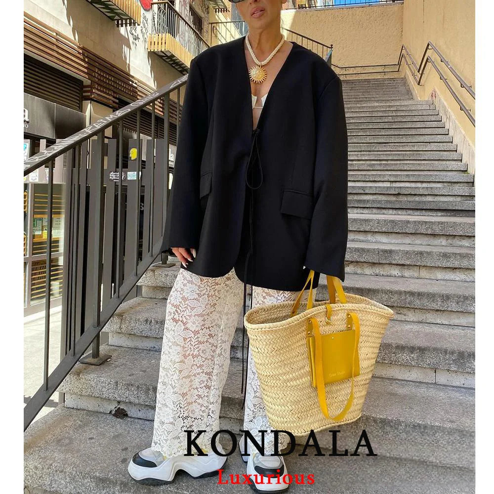 KONDALA Casual Oversized Black Blazer Women V Neck Bow Tie Pockets Loose Jackets Fashion 2025 Fall Streetwear Women Outwears
