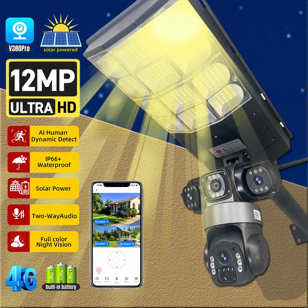 V380PRO Solar Streetlight Three Lens 4G Camera Built in Battery Automatic Lighting Outdoor Low Powered Monitor Light PTZ Camera