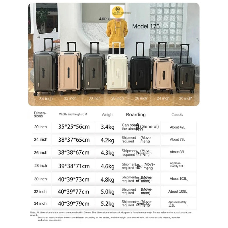 Large Capacity PC Material Suitcase 20/28/32/34-inch Deep-Compartment Travel Luggage with Combination Lock Side-Open Hard Shell