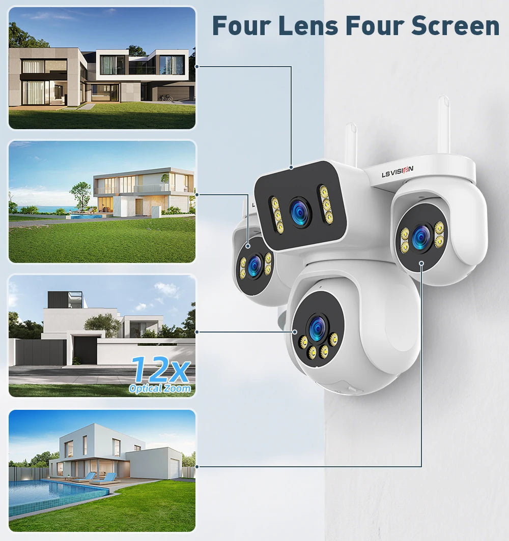 LS VISION 10K 20MP Four Screens WiFi Security Camera Outdoor Four Lens 12X Optical Zoom Two Way Audio Auto Tracking CCTV Cameras