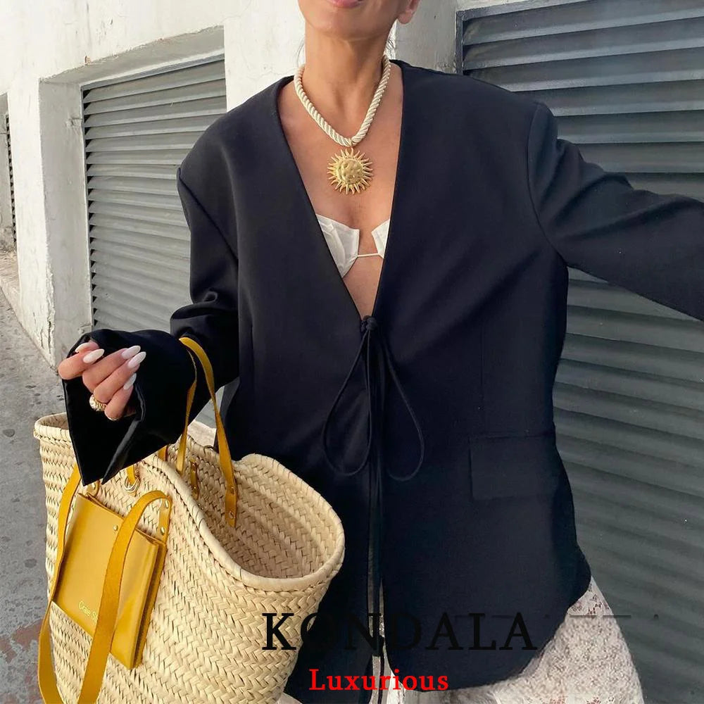 KONDALA Casual Oversized Black Blazer Women V Neck Bow Tie Pockets Loose Jackets Fashion 2025 Fall Streetwear Women Outwears
