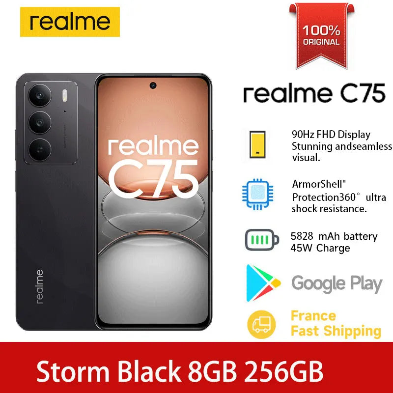 Global Version realme C75 6.72'' 90Hz FHD Display 50MP AI Camera 5828mAh Battery 45W Charge IP69 100% Original Cell Phone NFC