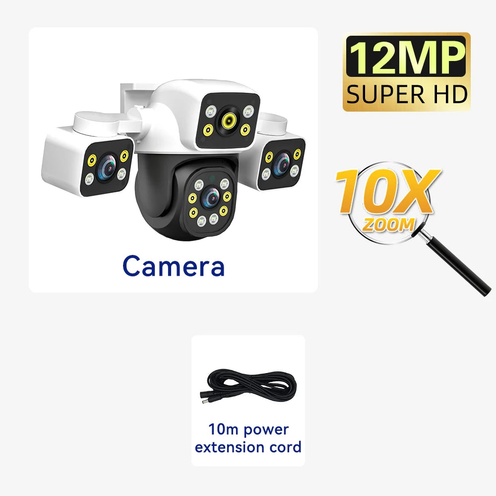 12MP 10X Zoom Outdoor WiFi Camera Three Screen Three Lens PTZ Automatic Tracking Audible Visual Alarm Security Camera