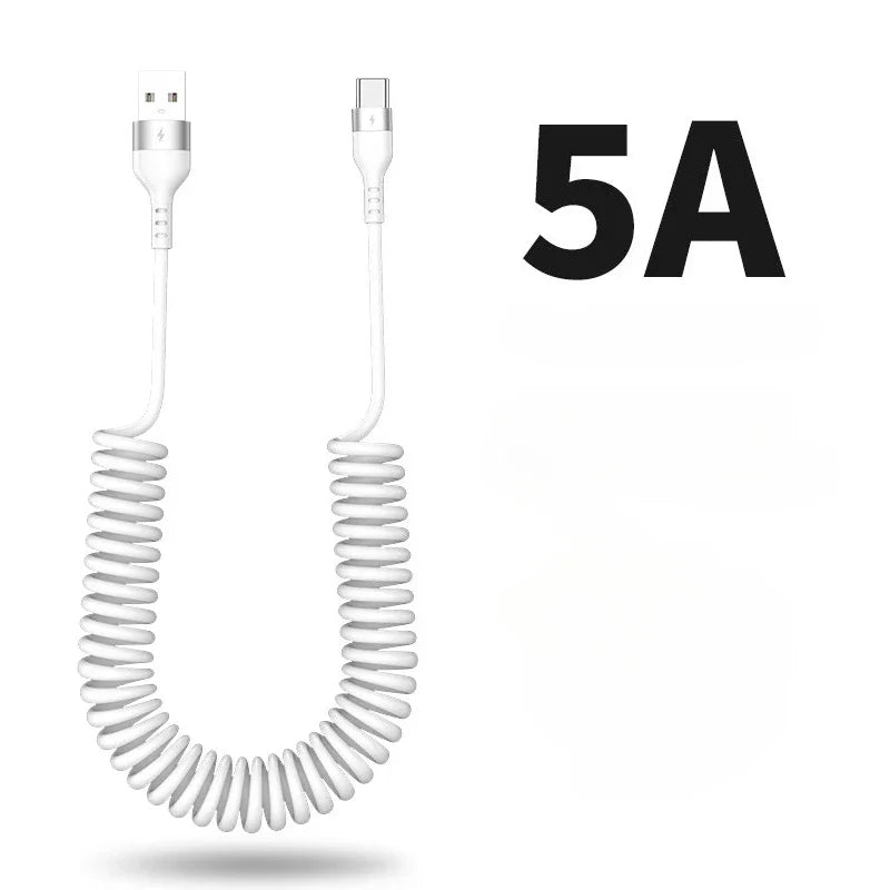 66W Car 5A Fast Charging USB Type C Spring Telescopic Cable For iPhone 16 15 14 13 Samsung Huawei Xiaomi Redmi OnePlus 1m Charge
