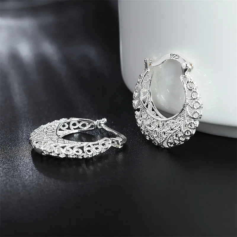 Elegant 925 Sterling Silver Hollow Round Earrings Fashion Women Charm Gift Jewelry
