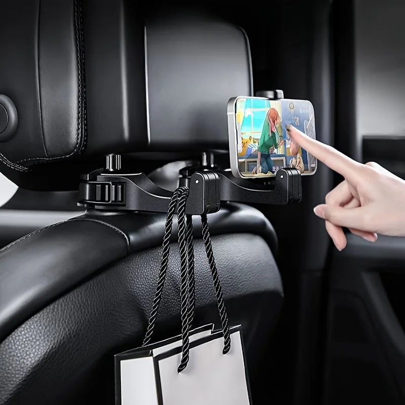 Multifunctional 2 In 1 Car Hook Hidden Mobile Phone Holder Bracket Car Clip Rear Row Headrest Hook Lock Buckle Car Mount Stand
