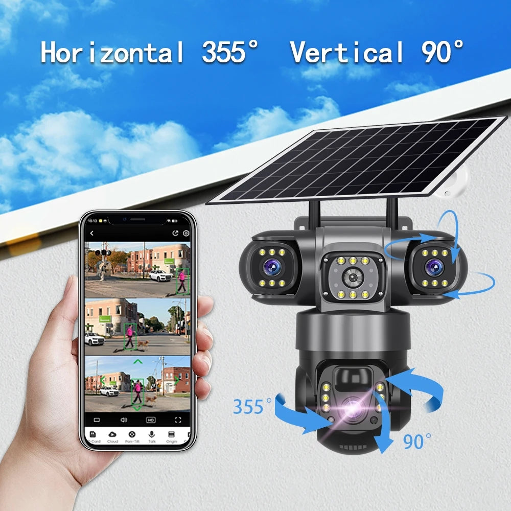 Solar Camera With 4G SIM 15MP HD Outdoor 3 Lens 3 Screen 10X Zoom PIR Human Detect Cameras Night Vision CCTV Security Protection
