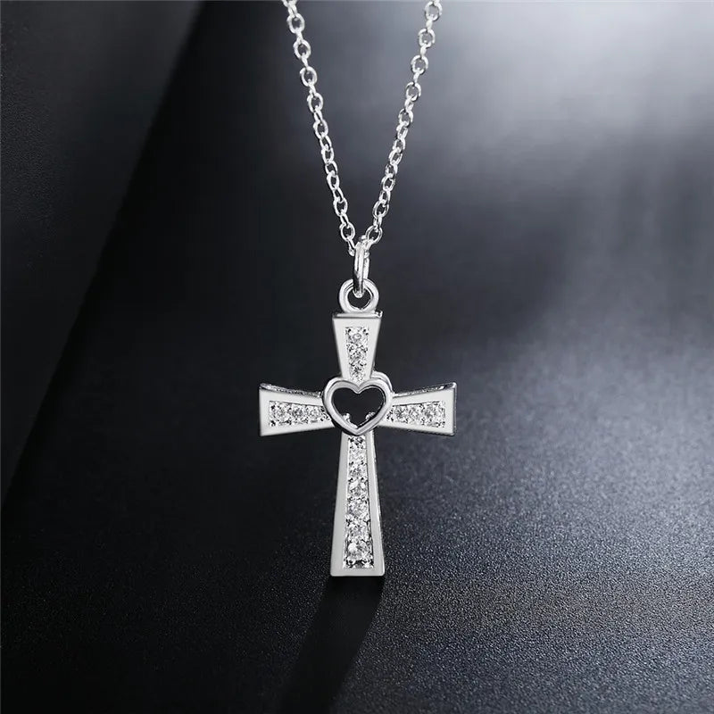 925 Sterling Silver Crystal Cross Pendant Necklace for Women, Charms, Classic, High Quality, Wedding Party Jewelry, Holiday Gift