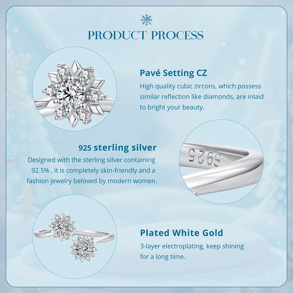 WOSTU 925 Silver Snowflake Ring For Women , Shiny AAA Zircon Double Snow Flower Winter Wedding Xmas Jewelry Gift Party Gift