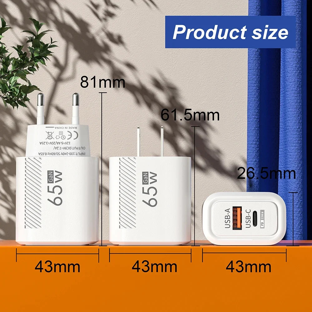 Total 65W GaN Charger USB PD Fast Charging High Speed Type C Quick Charge Mobile Phone Wall Adapter for IPhone 15 Pro Xiaomi 14