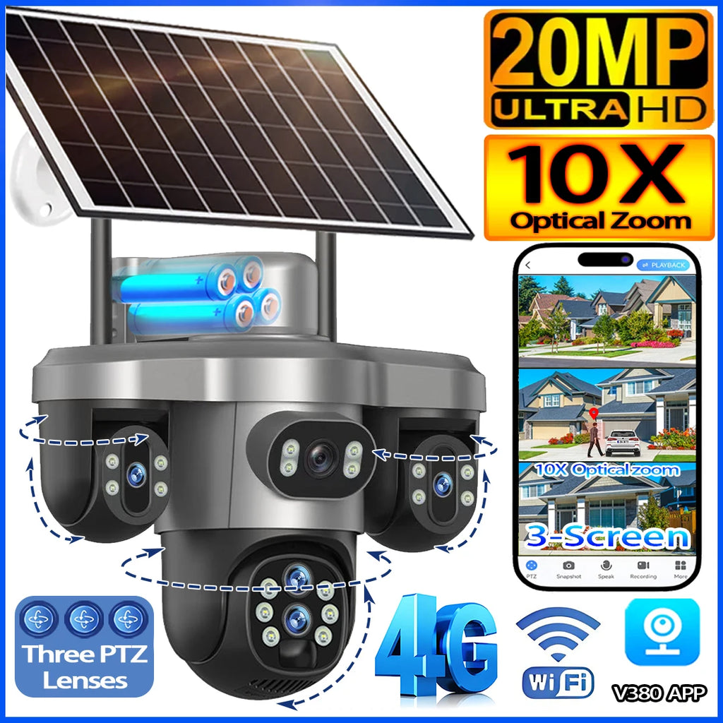 20MP 4G Sim Solar Camera WiFi 10X Optical Zoom 3-PTZ 4-Lens 3-Screens Outdoor Wireless Security Cameras Auto Tracking CCTV V380