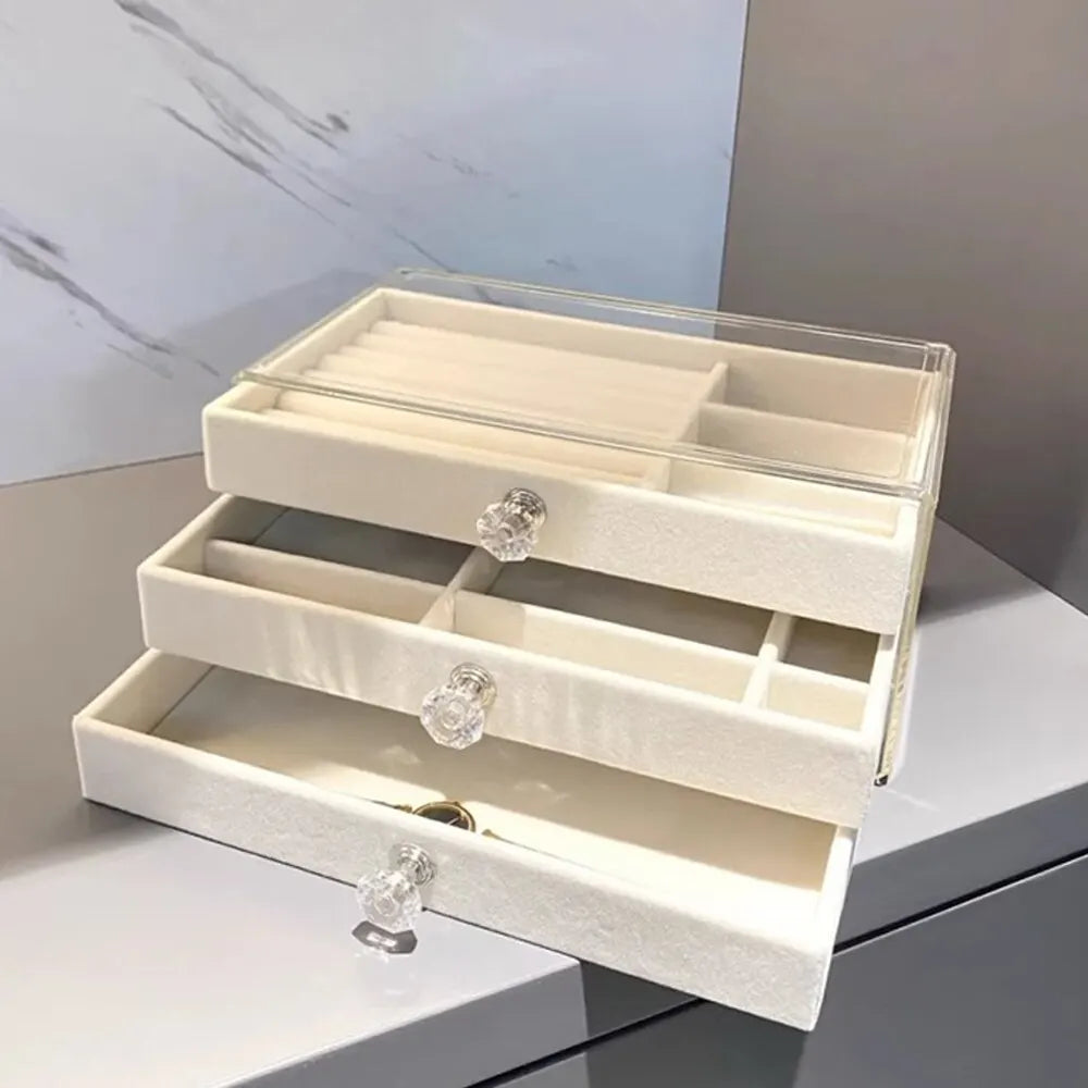 High-Capacity Flannel Jewelry Box Drawer (3-Layer) – Perfect for Storing Earrings, Necklaces & Rings