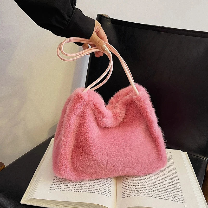 Plush Large-capacity Bag Women's Autumn and Winter New Simple Shoulder Underarm Bag Fashionable Fluff Bucket Handbag