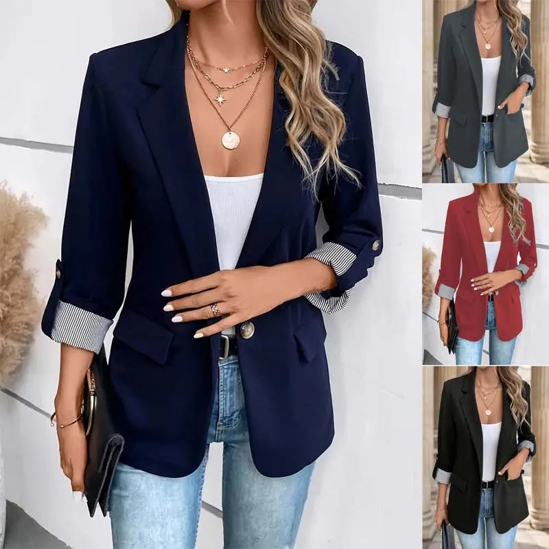 2025 new fashionable casual button up suit slim fit seven quarter rolled sleeve suit jacket for women