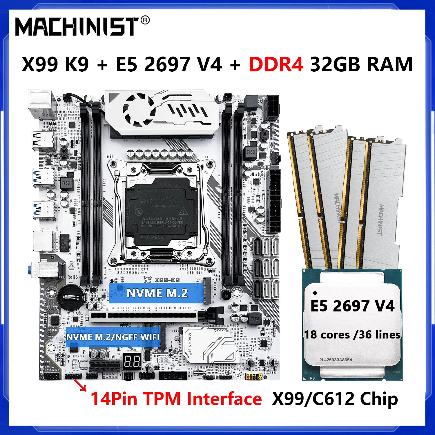 MACHINIST X99 K9 Motherboard Combo LGA 2011-3 Xeon E5 2697 V4 CPU DDR4 32GB RAM Support Four channels Memory TPM Interface