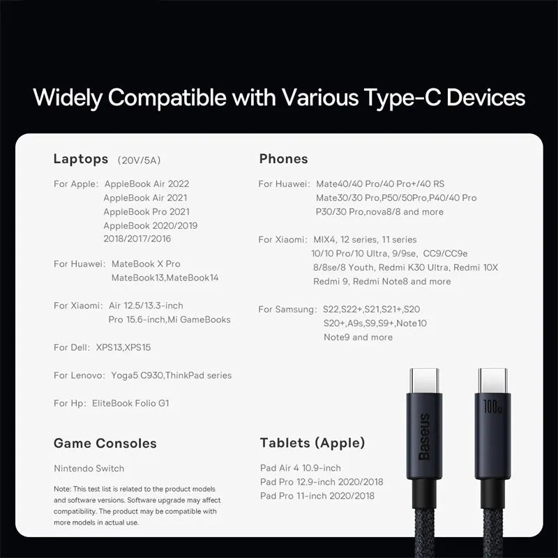 Baseus 100W USB C To Type C Cable For iPhone  16 15 Plus Pro Max PD Fast Charging Charger Cable For Macbook Xiaomi Samsung