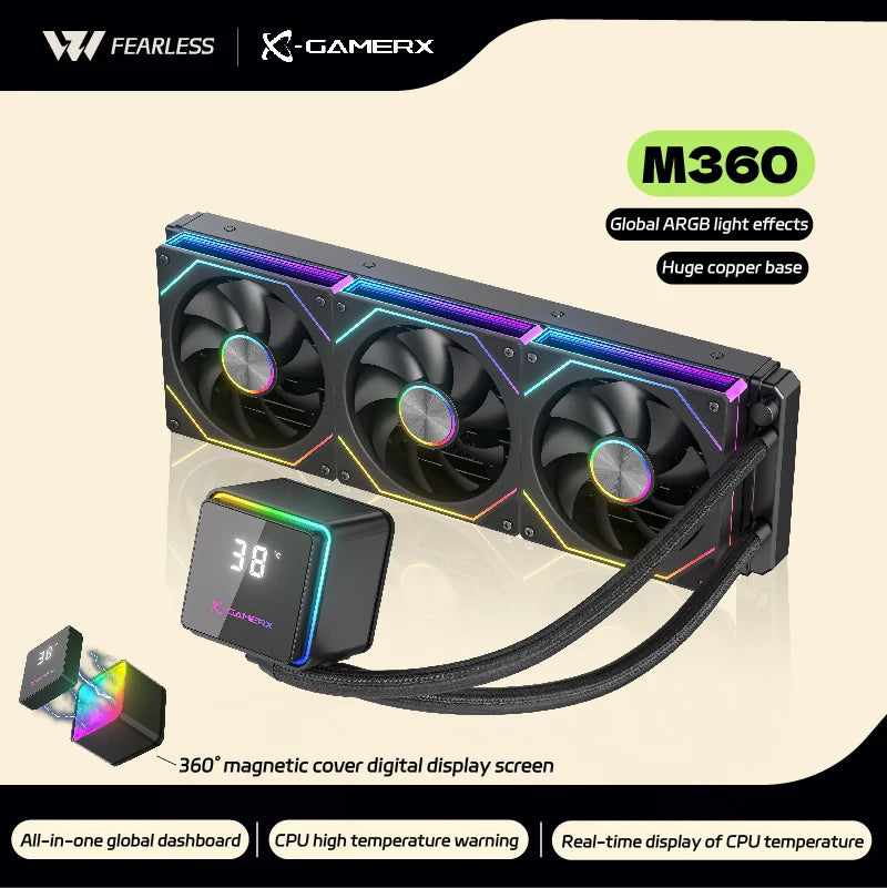 X-GAMERX PowerTrain M360 water cooler 360mm Global ARGB light effect 360° magnetic cover digital display screen aio cpu cooler