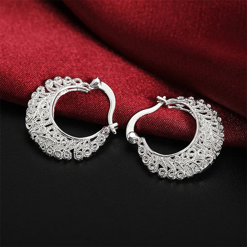 Elegant 925 Sterling Silver Hollow Round Earrings Fashion Women Charm Gift Jewelry