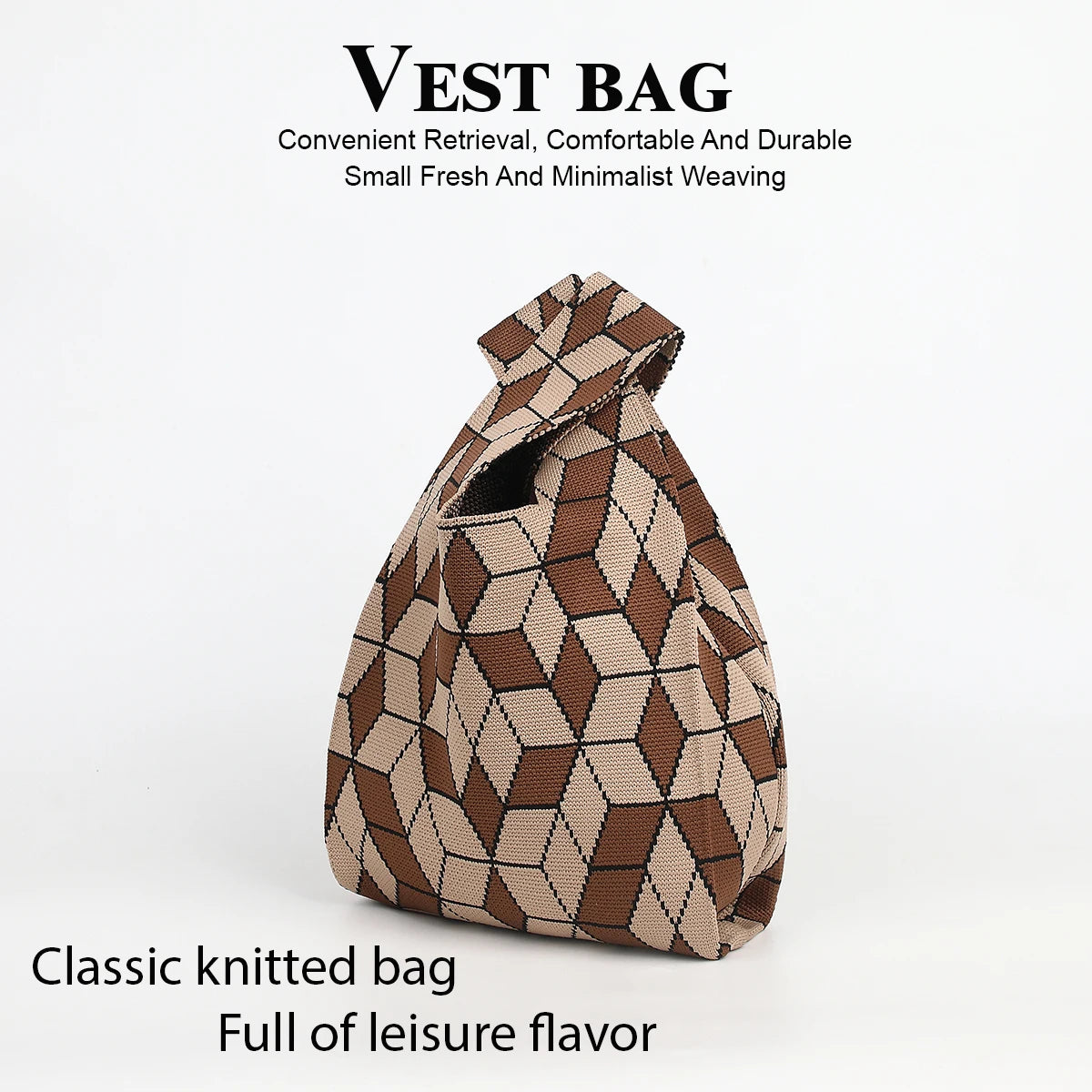 Diamond-Patterned Foldable Large-Capacity Knitted Bag, Durable and Versatile for All Seasons, Suitable for Women's Casual Fashion, Ideal for Travel, Walking, Shopping, and Carrying Umbrellas, Cell Phones, Cosmetics, and Books