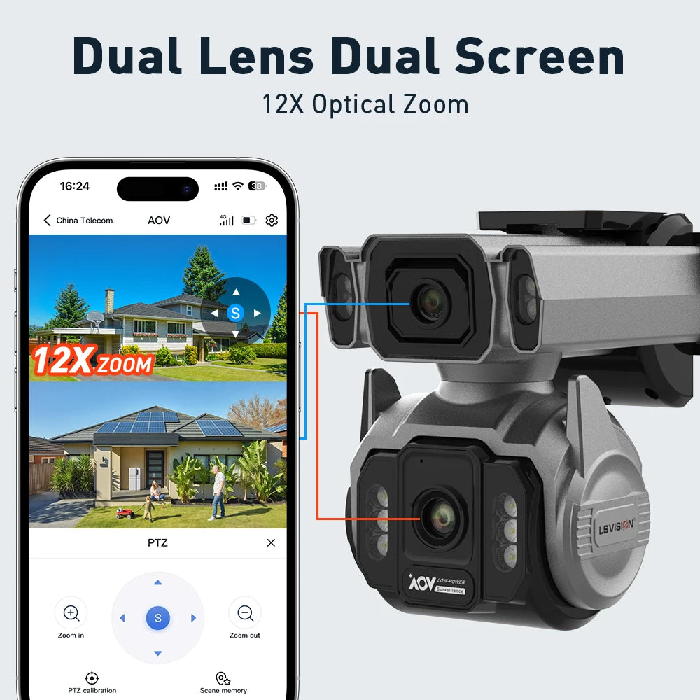 LS VISION Dual Screens 10MP AOV Solar Camera Outdoor 12X Zoom 24/7 Recording 4G SIM Auto Tracking Zoom PTZ Security Cameras CCTV